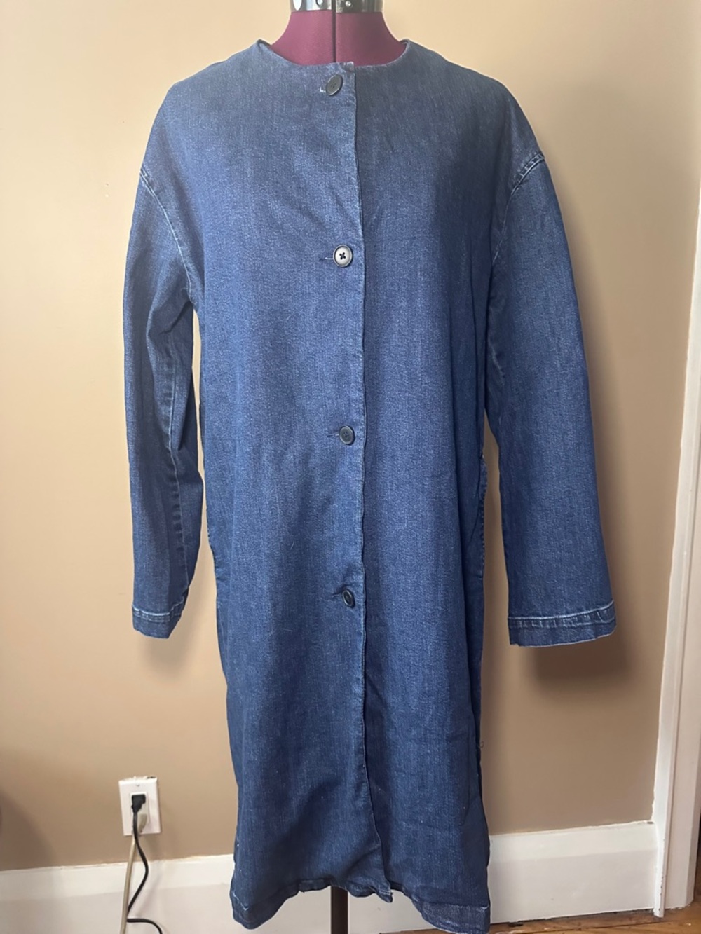 Muji Dark Blue Denim Collarless Trench Coat, Oversized, Lagenlook
